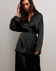Oversized Silk Pajamas Set with Belt Black