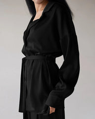 Oversized Silk Pajamas Set with Belt Black