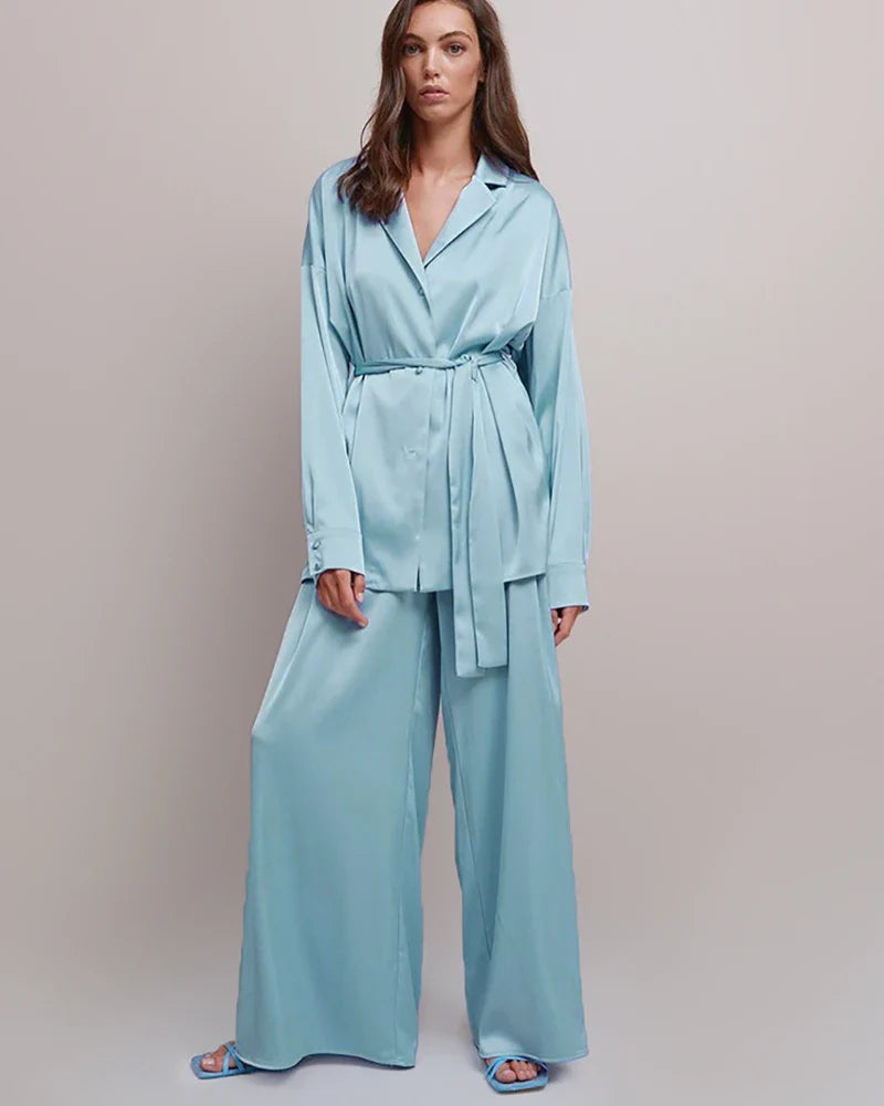Oversized Silk Pajamas Set with Belt Haze Blue