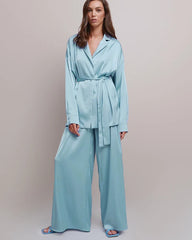 Oversized Silk Pajamas Set with Belt Haze Blue