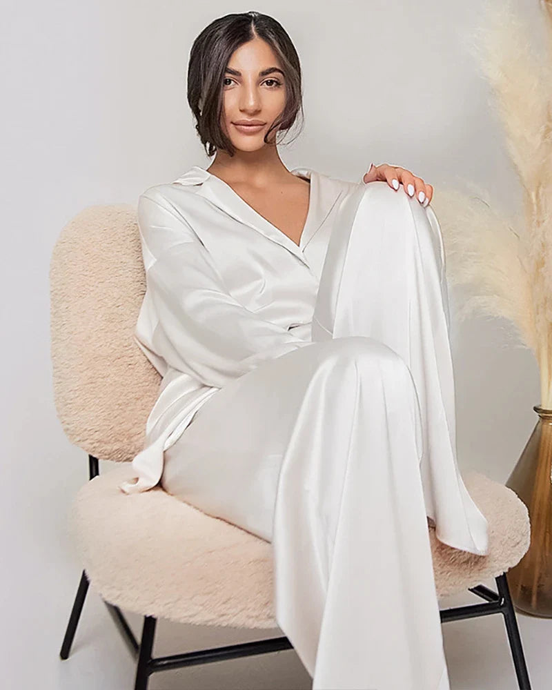 Oversized Silk Pajamas Set with Belt Ivory