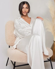 Oversized Silk Pajamas Set with Belt Ivory