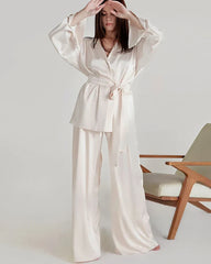 Oversized Silk Pajamas Set with Belt Ivory