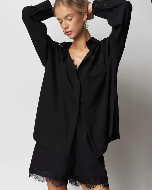 Oversized Silk Shirt Shorts Pajamas Set Black