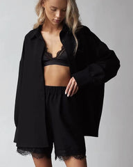 Oversized Silk Shirt Shorts Pajamas Set Black