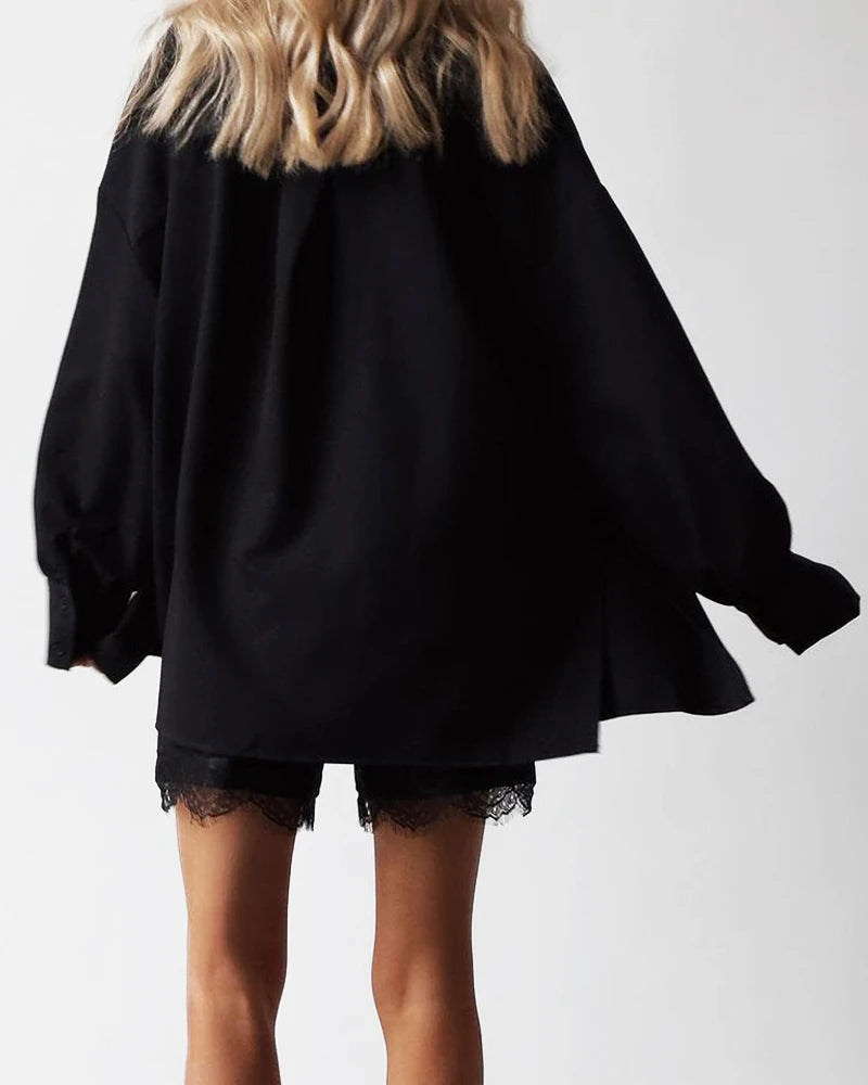 Oversized Silk Shirt Shorts Pajamas Set Black