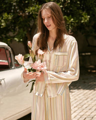 Pastel Striped Long Sleeve Silk Pajama Set for Women