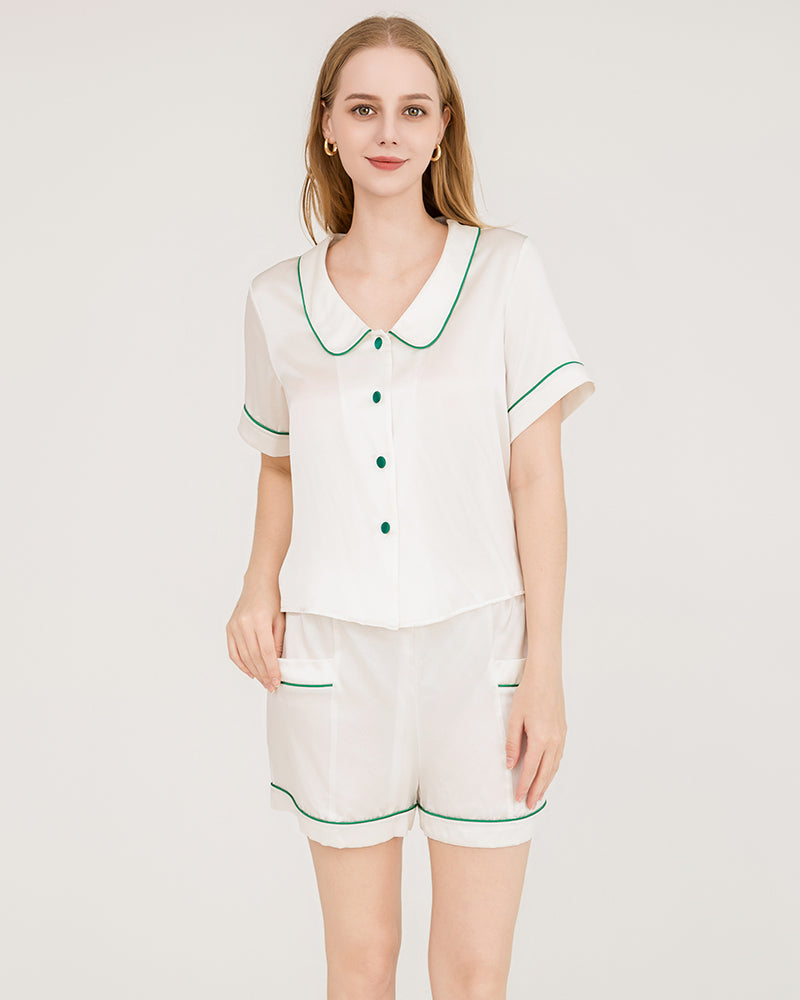 Piped Silk Shorts Pyjama Set White