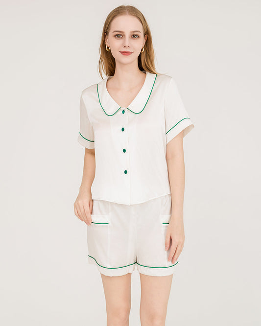 Piped Silk Shorts Pyjama Set White