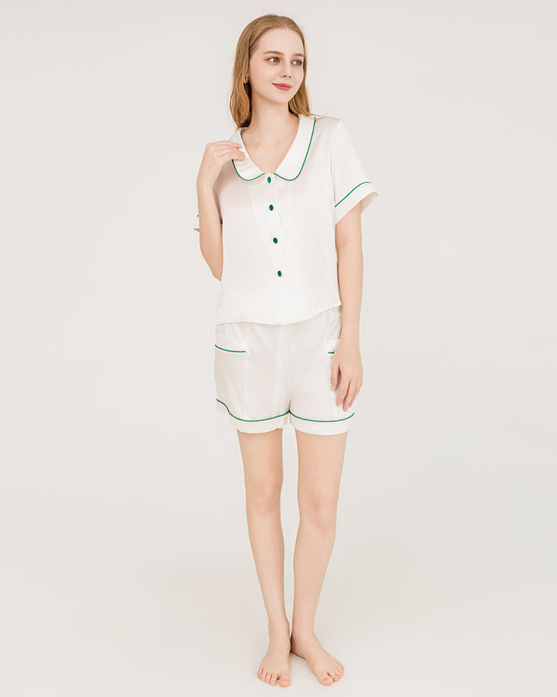 Piped Silk Shorts Pyjama Set White