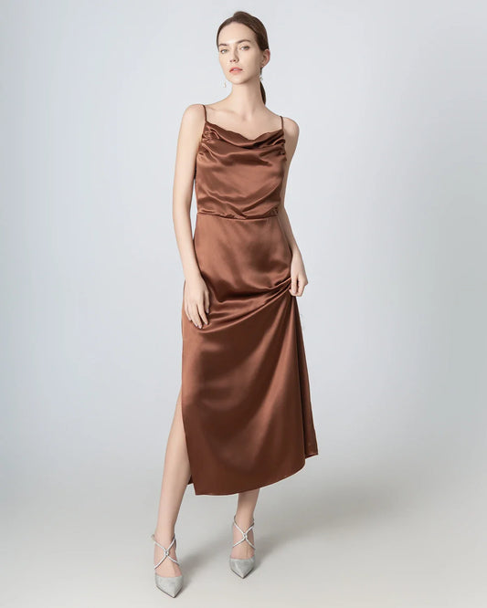 Pleated Cowl Neck Slit Maxi Silk Dress Brown