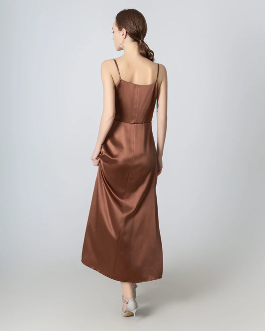 Pleated Cowl Neck Slit Maxi Silk Dress Brown
