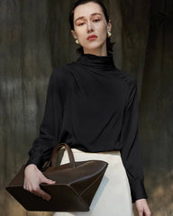 Pleated Mock Neck Silk Long Sleeve Blouse