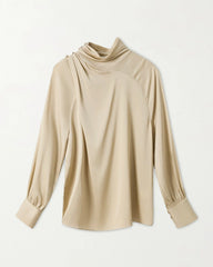 Pleated Mock Neck Silk Long Sleeve Blouse