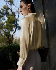 Pleated Mock Neck Silk Long Sleeve Blouse