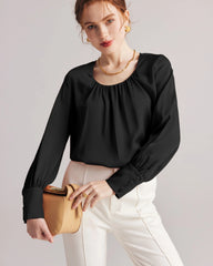 Pleated Round Neck Silk Blouse Black