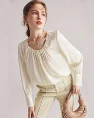 Pleated Round Neck Silk Blouse