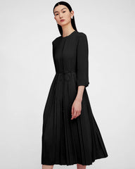 Pleated 3/4 Sleeve Silk Dress Black