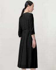Pleated 3/4 Sleeve Silk Dress Black