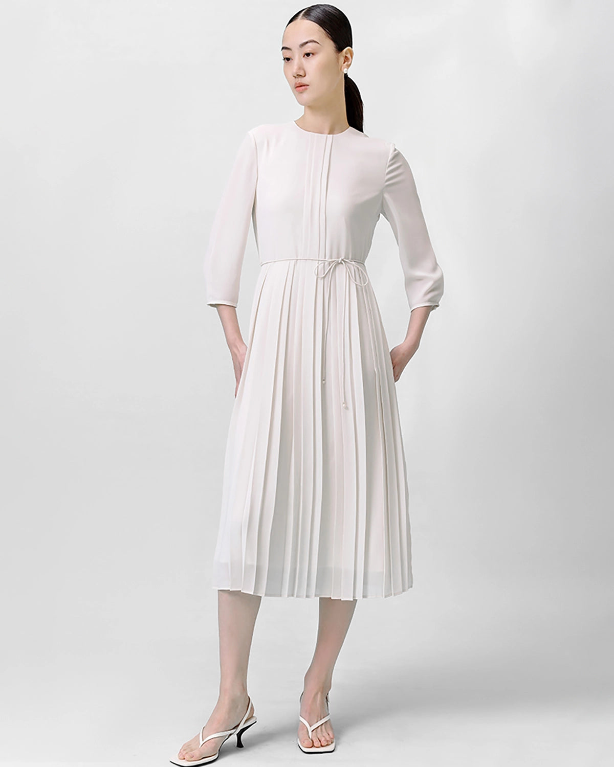 Pleated 3/4 Sleeve Silk Dress Ivory