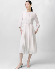 Pleated 3/4 Sleeve Silk Dress Ivory