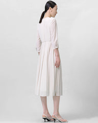Pleated 3/4 Sleeve Silk Dress Ivory