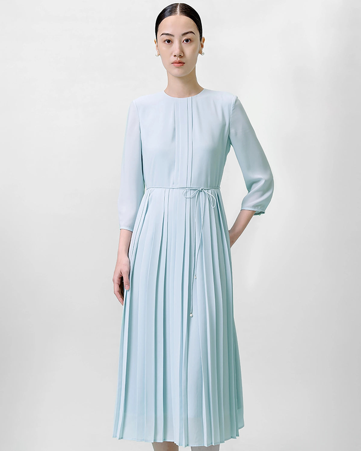 Pleated 3/4 Sleeve Silk Dress Light Blue