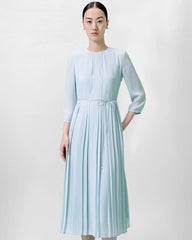 Pleated 3/4 Sleeve Silk Dress Light Blue