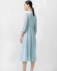 Pleated 3/4 Sleeve Silk Dress Light Blue