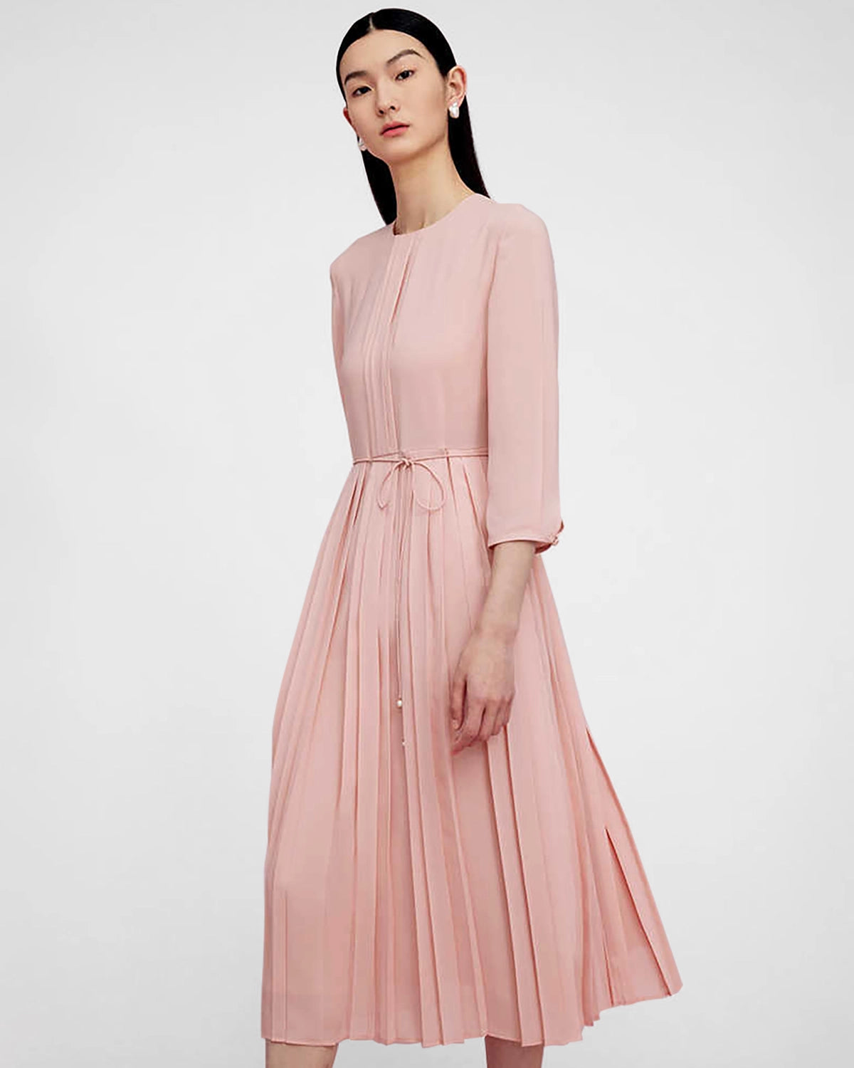 Pleated 3/4 Sleeve Silk Dress Pink