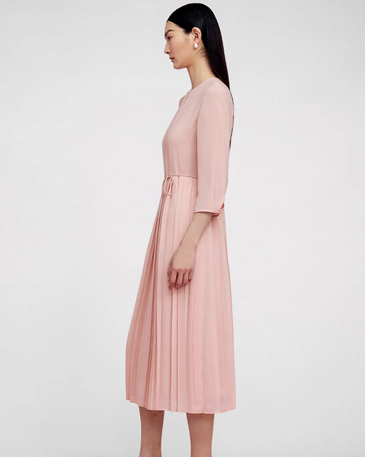 Pleated 3/4 Sleeve Silk Dress Pink
