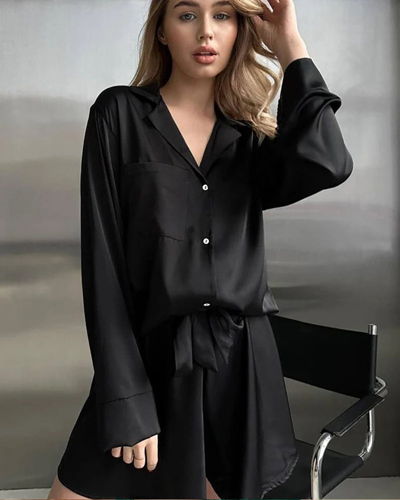 Plus Size Silk Shirts and Shorts PJs Black