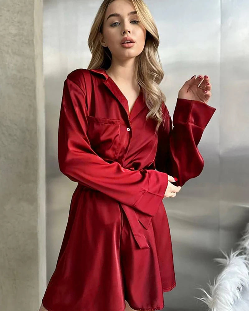 Plus Size Silk Shirts and Shorts PJs Burgundy