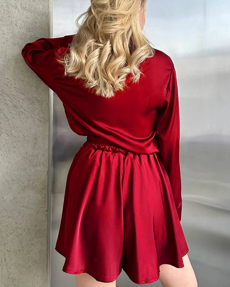 Plus Size Silk Shirts and Shorts PJs Burgundy