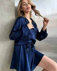Plus Size Silk Shirts and Shorts PJs Navy