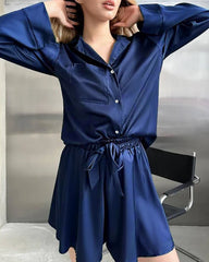 Plus Size Silk Shirts and Shorts PJs Navy