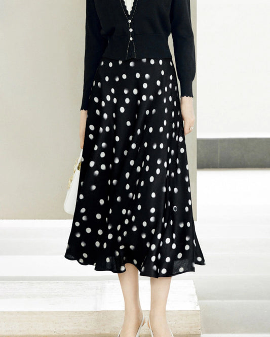 Polka Dot Print Silk Midi Skirt