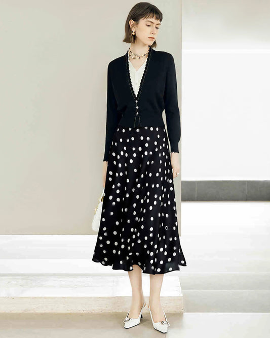 Polka Dot Print Silk Midi Skirt