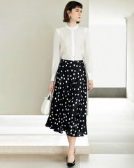 Polka Dot Print Silk Midi Skirt