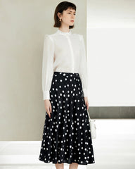 Polka Dot Print Silk Midi Skirt