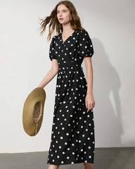 Black Polka Dot Short Sleeve Silk Dress