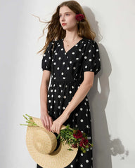 Black Polka Dot Short Sleeve Silk Dress
