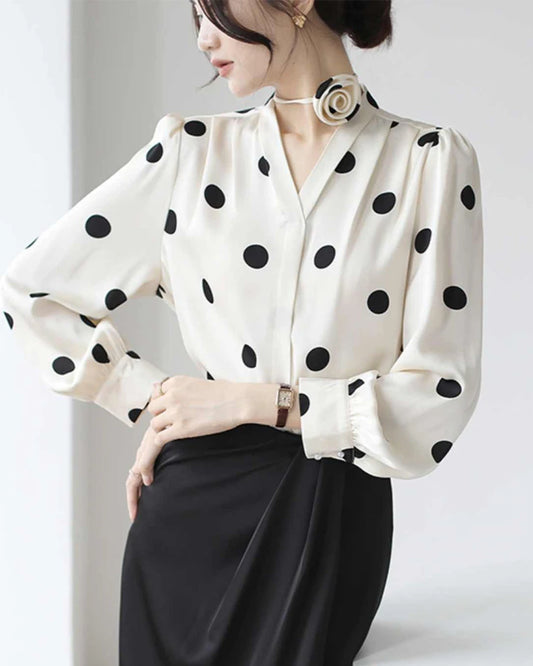 Polka Dot Silk Blouse with Rose Choker