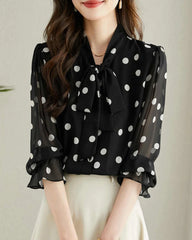 Polka Dot Silk Blouse with Ruffles