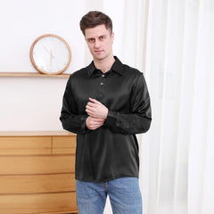 Polo Collar Silk Long Shirt For Men Black