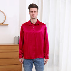 Polo Collar Silk Long Shirt For Men Burgundy