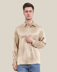 Polo Collar Silk Long Shirt For Men Champagne
