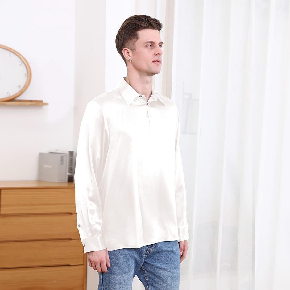 Polo Collar Silk Long Shirt For Men Ivory