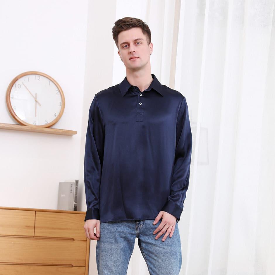 Polo Collar Silk Long Shirt For Men Navy