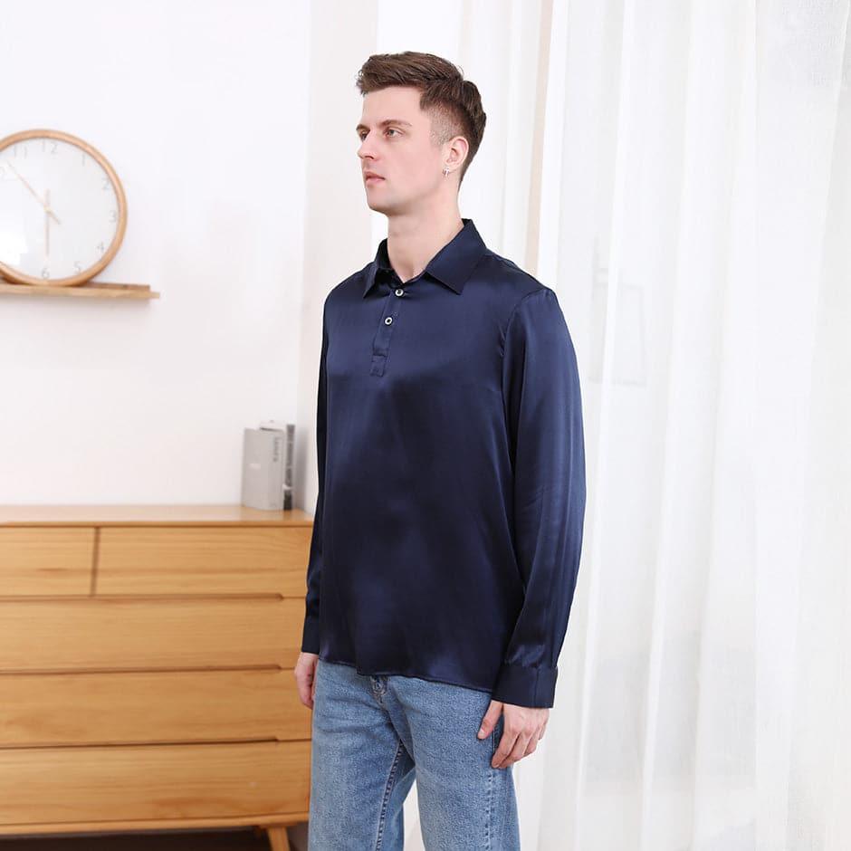 Polo Collar Silk Long Shirt For Men Navy